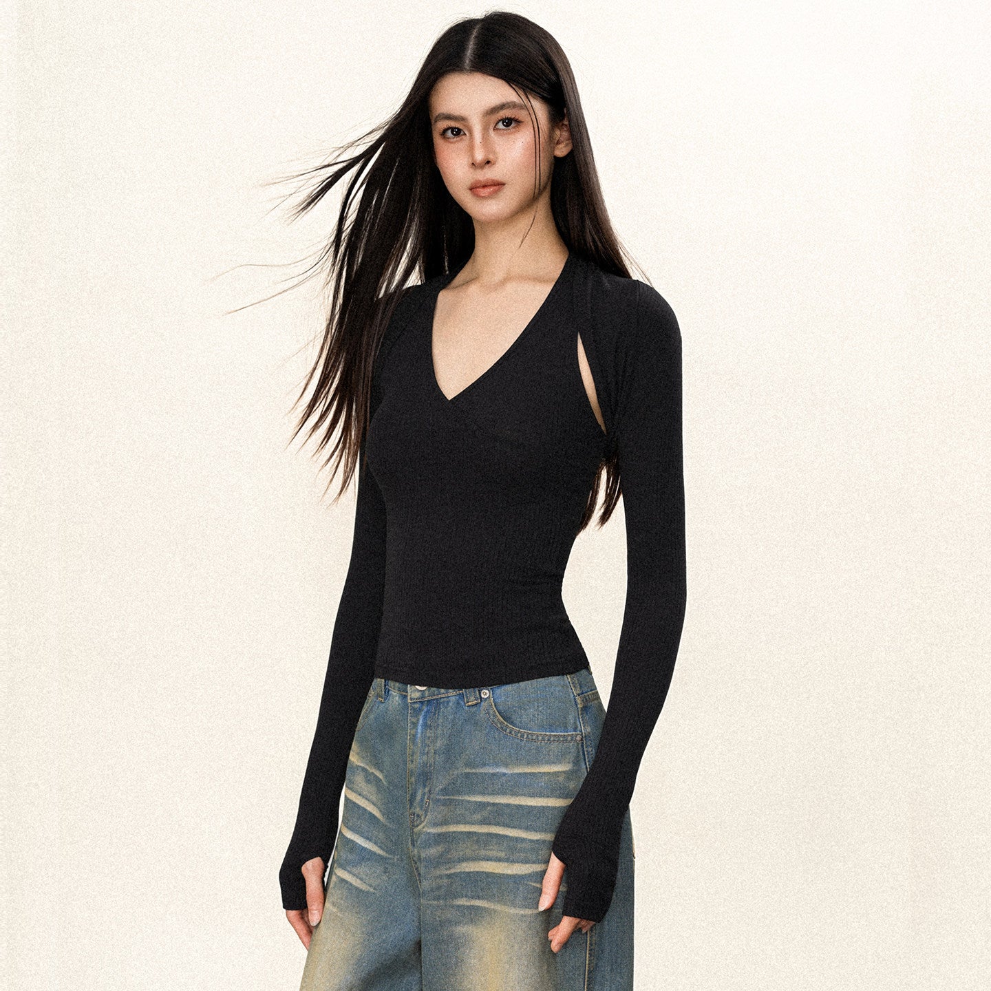 VEYBE American Spice Girl Two-Piece Slim Halterneck Top Women's V-Neck Sexy Sports Yoga Long Sleeve T-Shirt ins