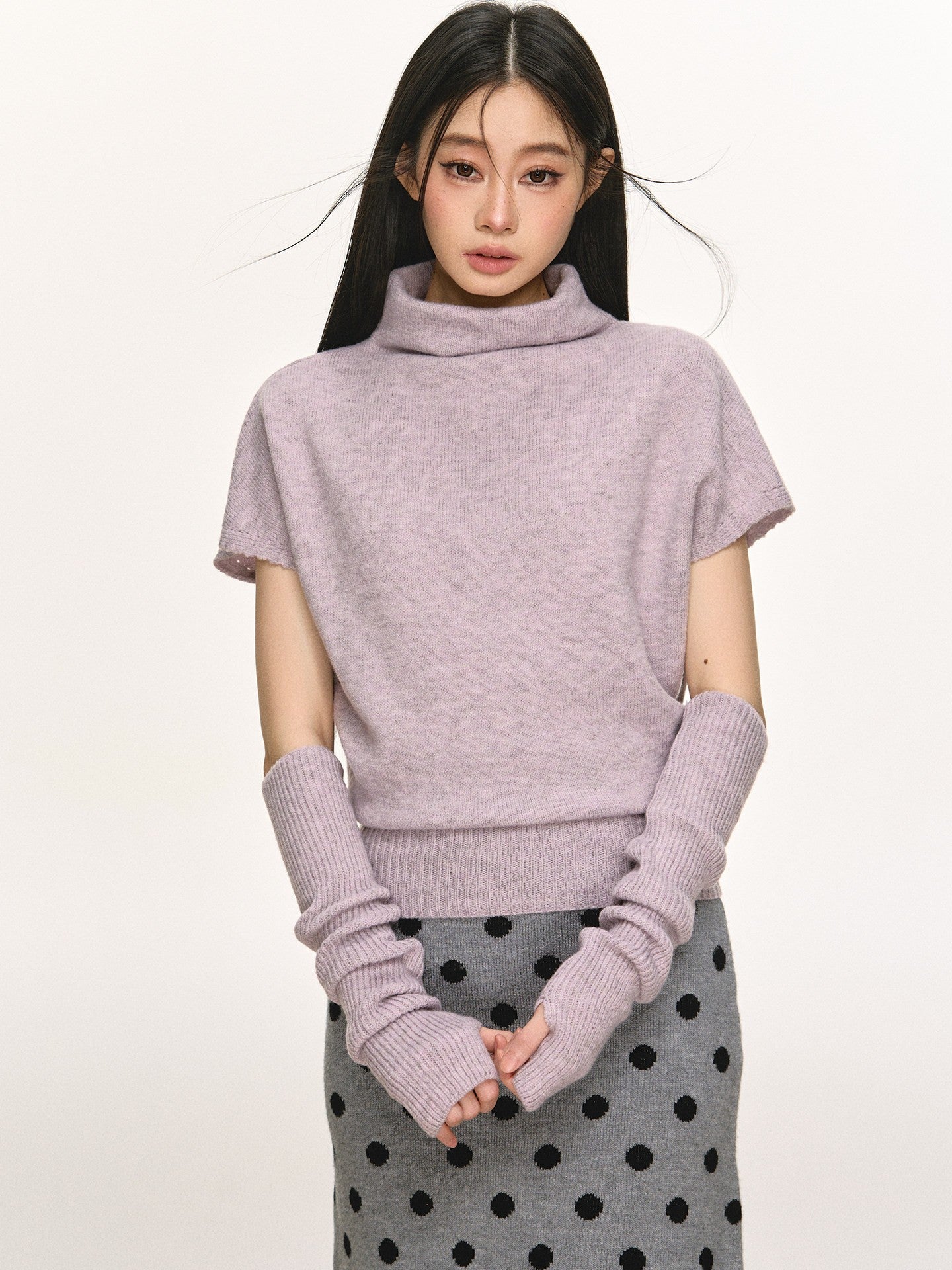 Mid-High Neck Layered Sleeve Knit Top