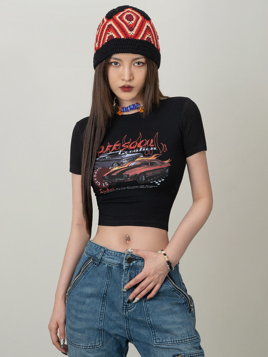VEYBE Homemade American Retro Chariot of Fire Short Sleeve T-Shirt Women's Spring Summer 2023 abg Babes Top