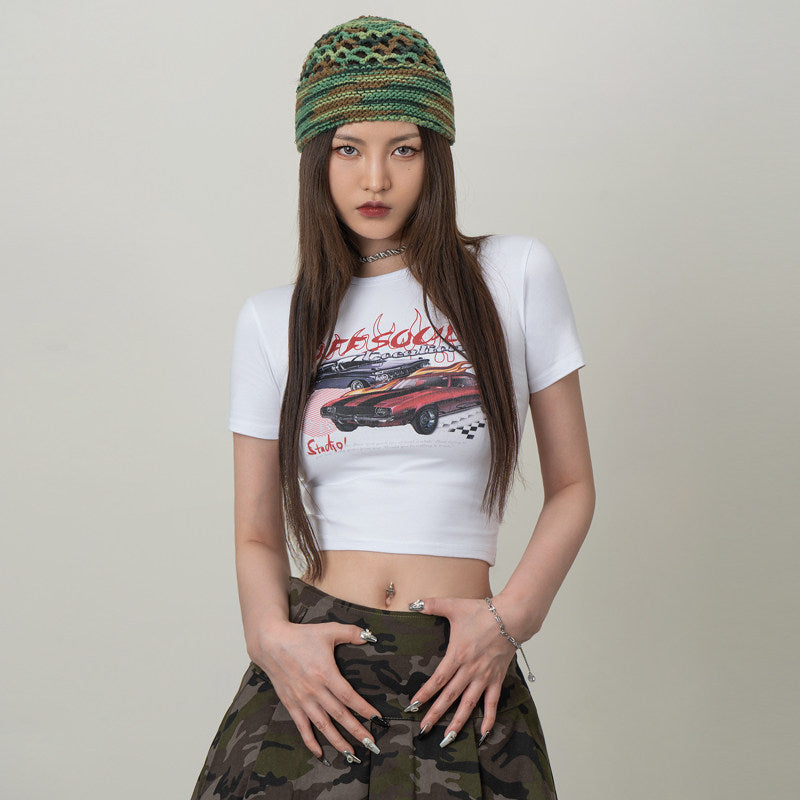 VEYBE Homemade American Retro Chariot of Fire Short Sleeve T-Shirt Women's Spring Summer 2023 abg Babes Top