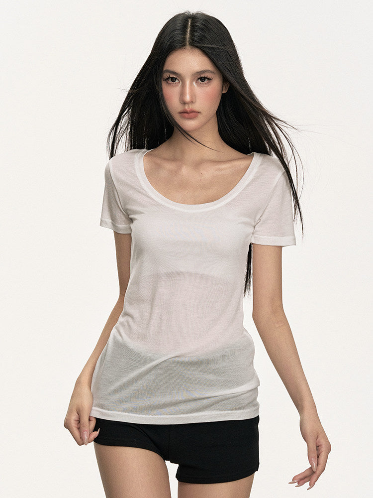 VEYBE scoop neck tencel sheer short sleeve t-shirt women's summer casual lazy and versatile knit top