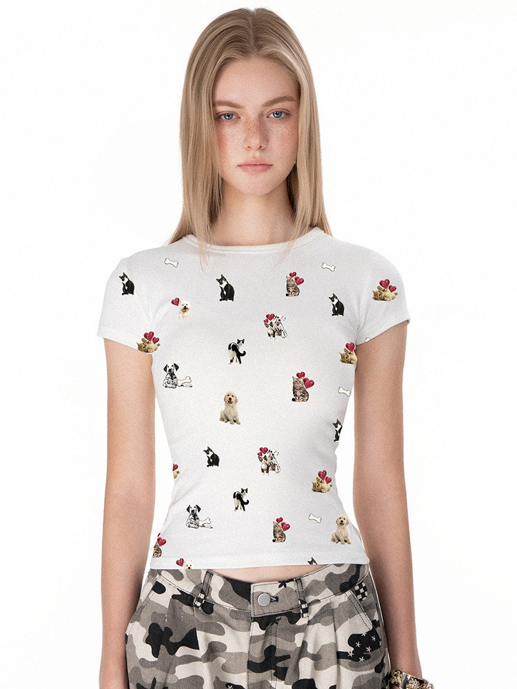 VEYBE Original American Hottie Round Neck Cat & Dog Print Short Sleeve T-Shirt Summer Cartoon Childlike Slim Top Girl