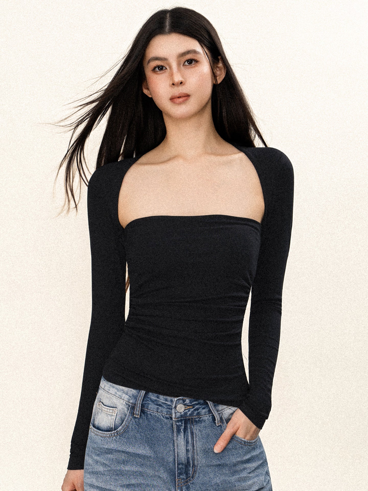 VEYBE original American hot girl square neck base shirt European and American sports yoga slim long sleeve top T-shirt women's trend
