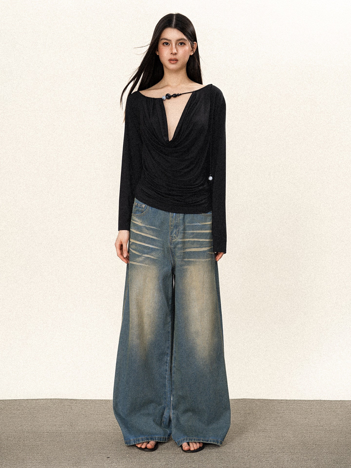 Sexy Cross Tie Beaded Long Sleeve Top Women Edgy Style