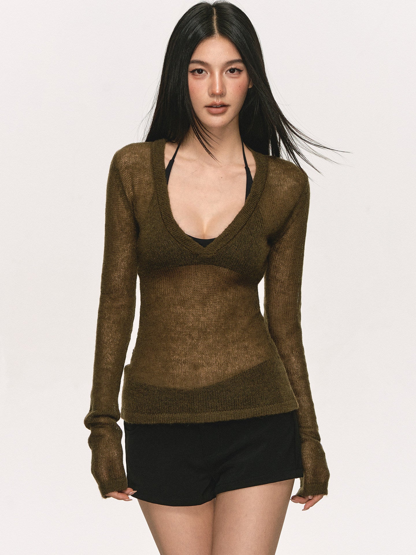 VEYBE deep V-neck knit long-sleeve cover-up top for women, summer thin slightly sheer waist-cinching slimming sun-protective top
