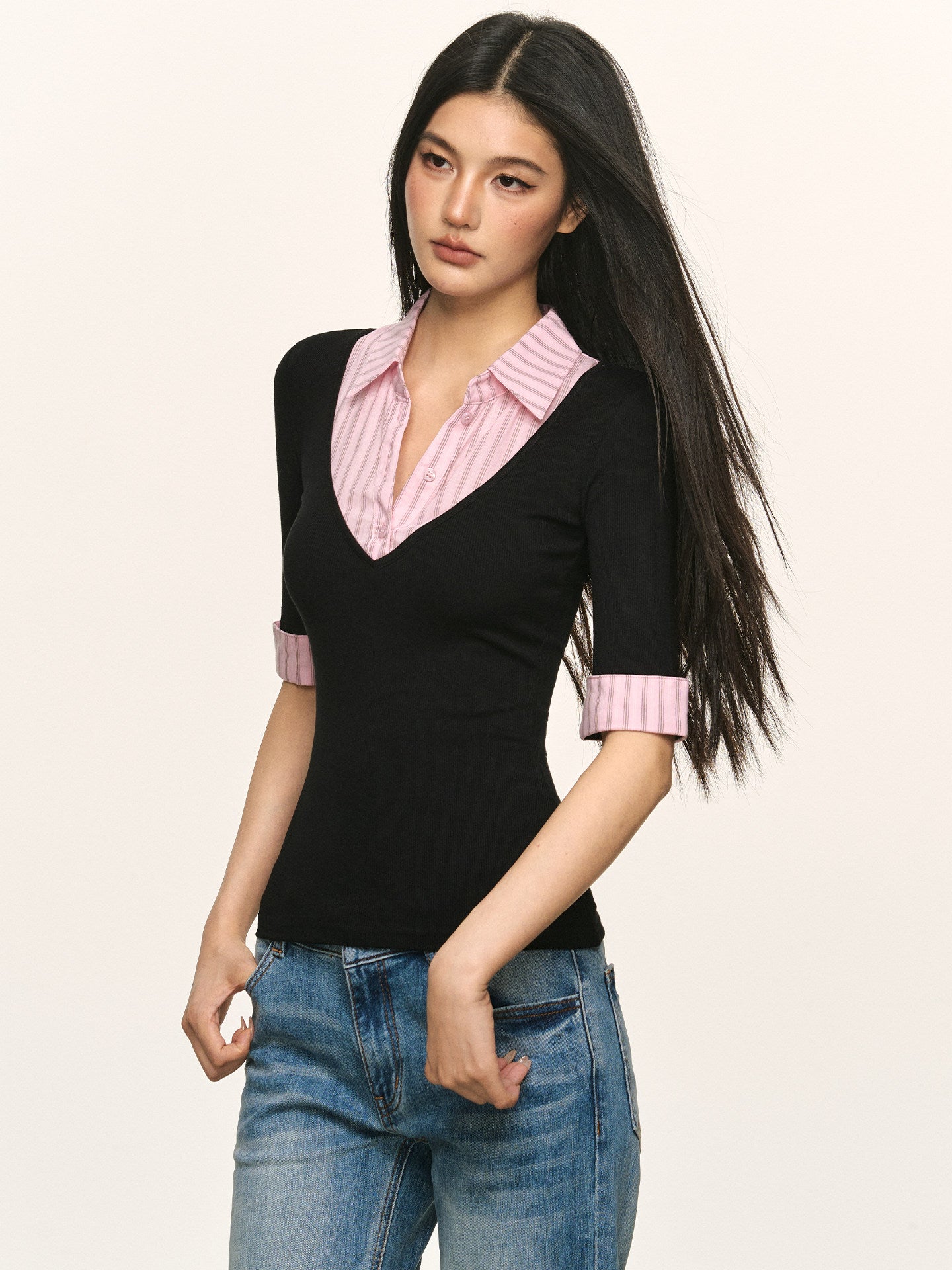 VEYBE faux two-piece mid-sleeve top for women, autumn pink patchwork plaid polo collar fitted inner layer