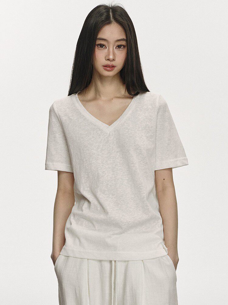 VEYBE White V-Neck Knit T-Shirt Women's Summer New Retro Temperament Short Slim Short Sleeve Top Trend