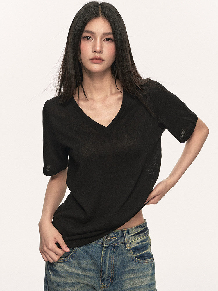 VEYBE White V-Neck Knit T-Shirt Women's Summer New Retro Temperament Short Slim Short Sleeve Top Trend