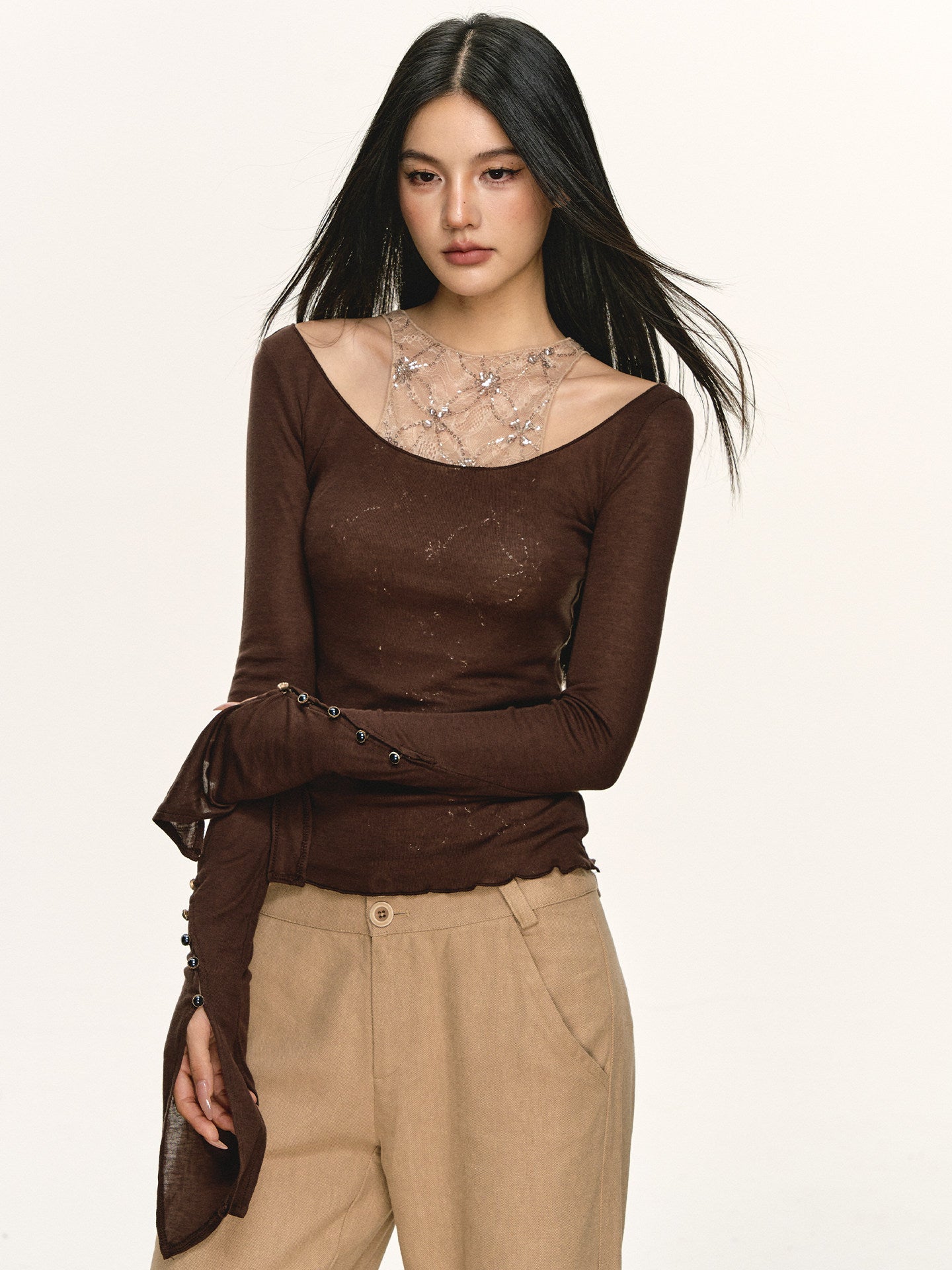 Brown Lace Tencel Wool Top