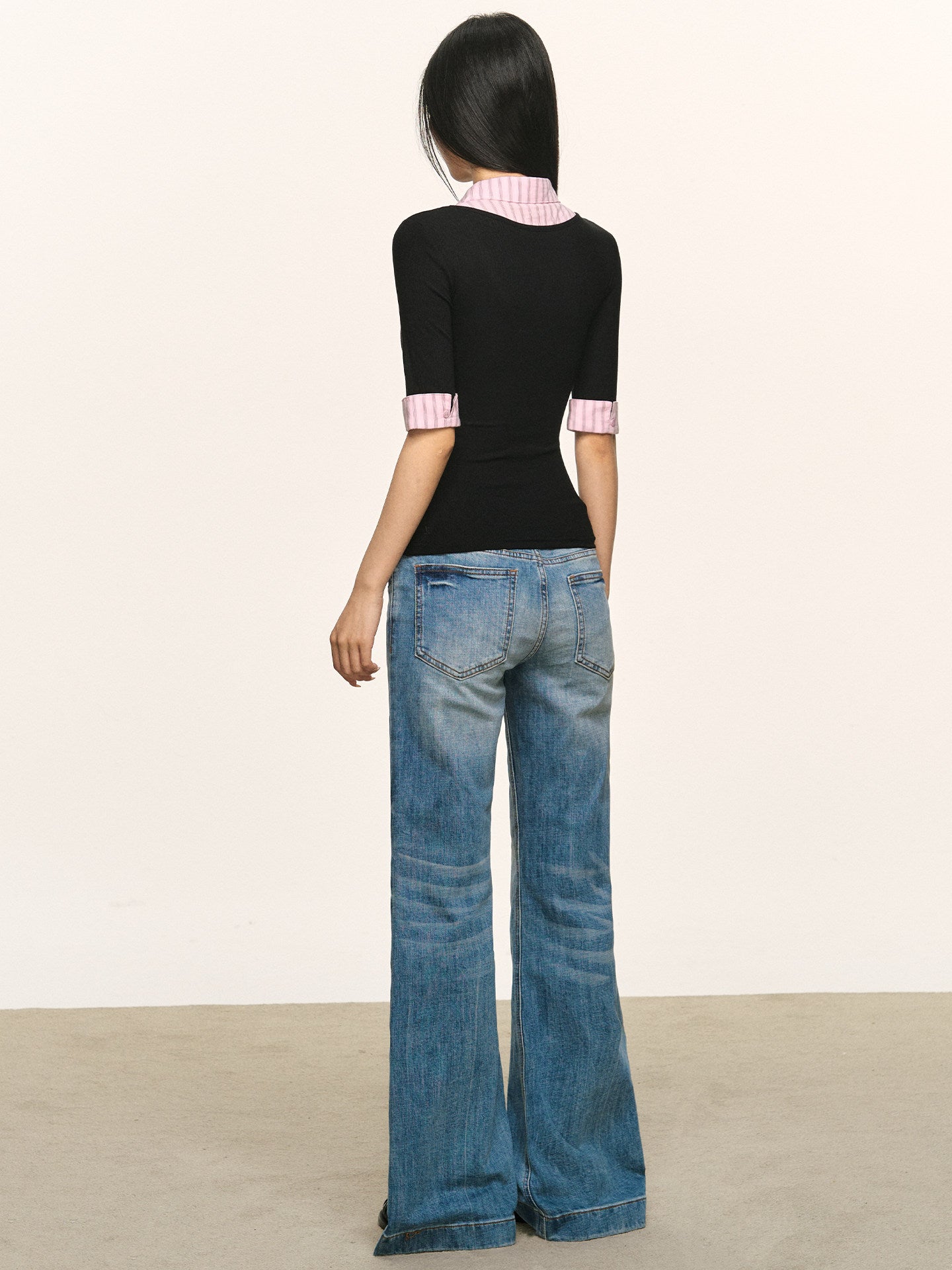 VEYBE faux two-piece mid-sleeve top for women, autumn pink patchwork plaid polo collar fitted inner layer