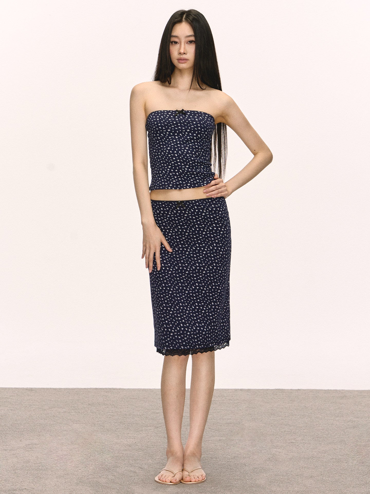 VEYBE gentle floral strapless suit for women, summer slimming lace-trimmed two-piece skirt