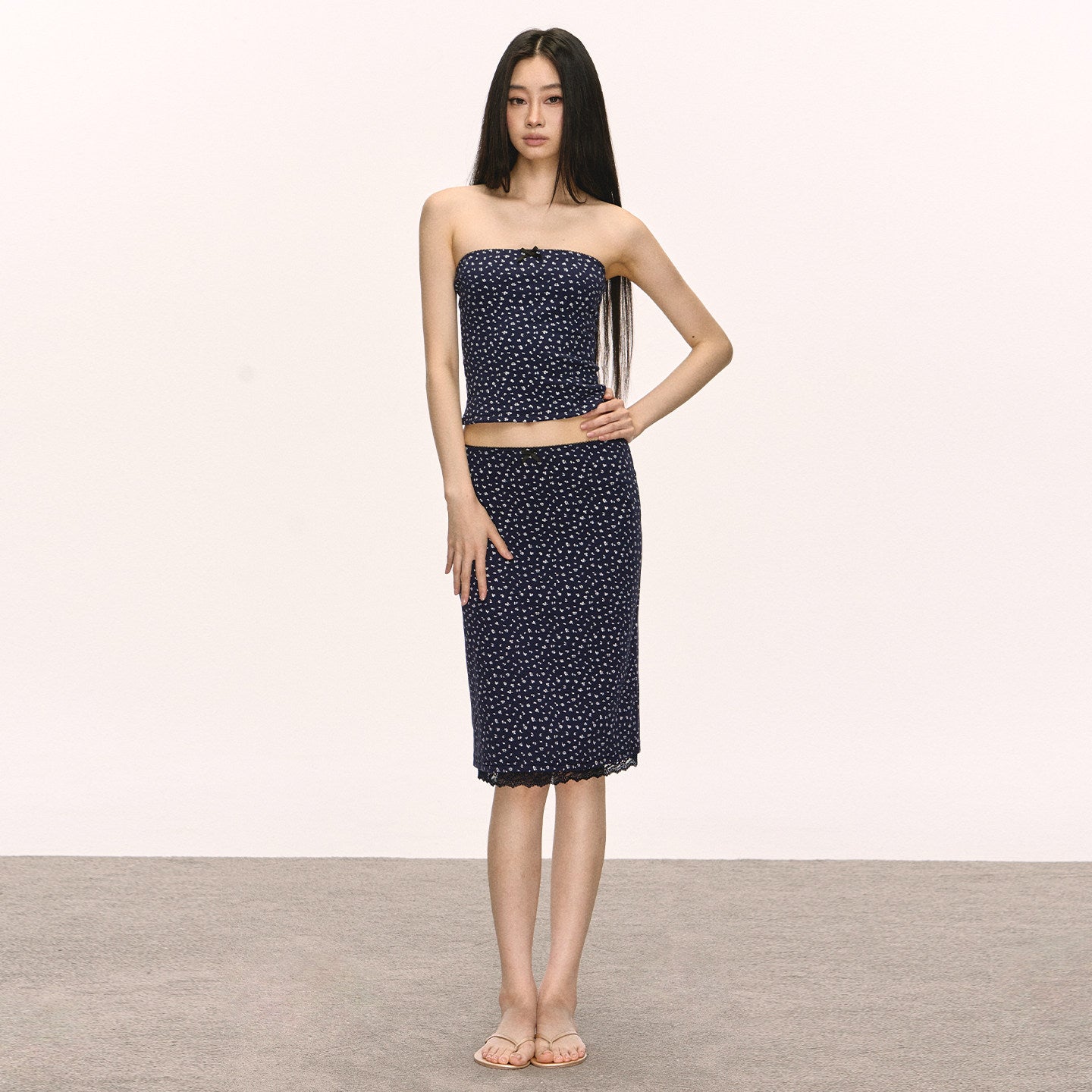VEYBE gentle floral strapless suit for women, summer slimming lace-trimmed two-piece skirt