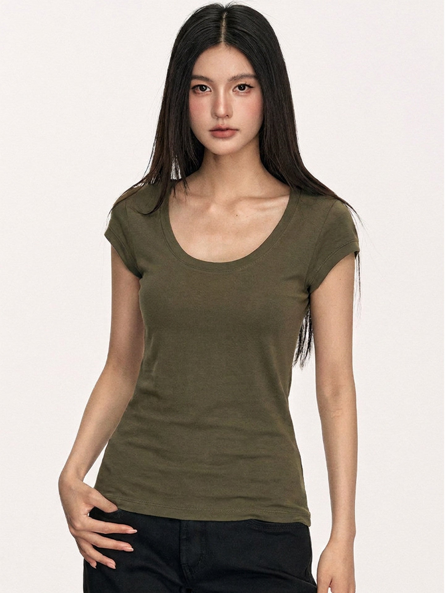 Green Tencel U-Neck Cropped T-Shirt