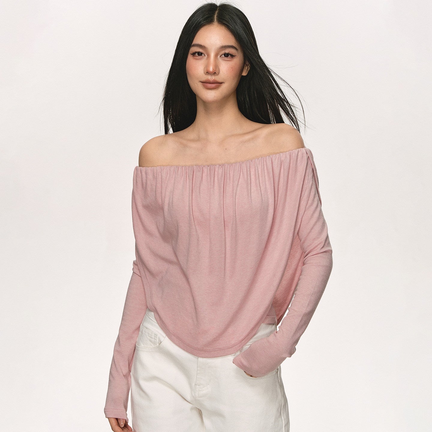 Off-Shoulder Draped Pleated Tencel-Wool Top