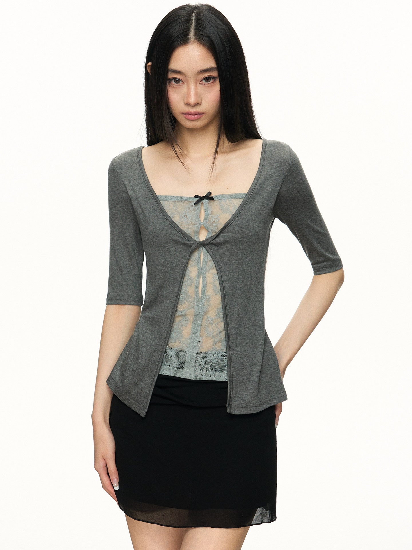Lace Patchwork Faux Two-Piece Cardigan