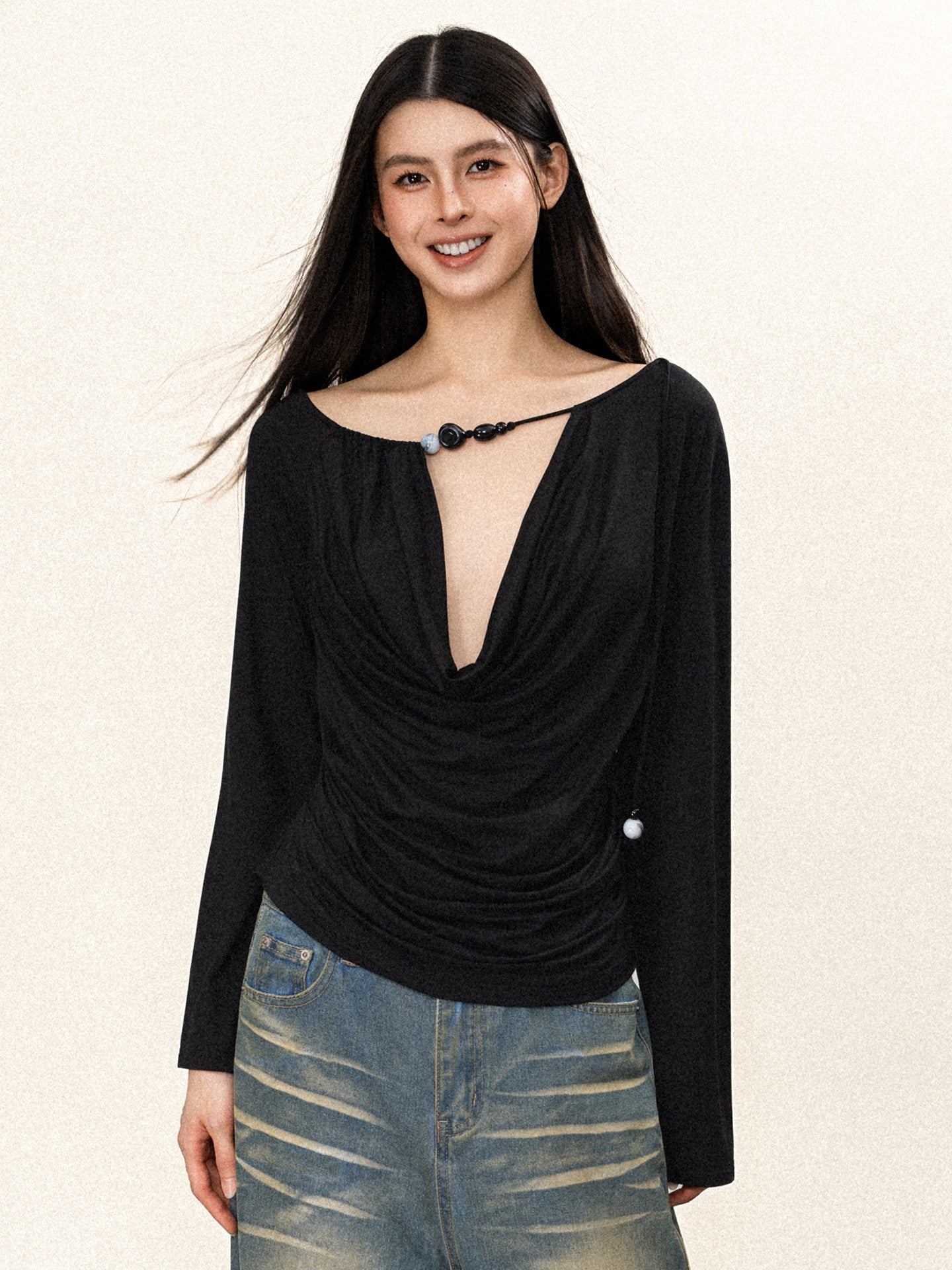 Sexy Cross Tie Beaded Long Sleeve Top Women Edgy Style
