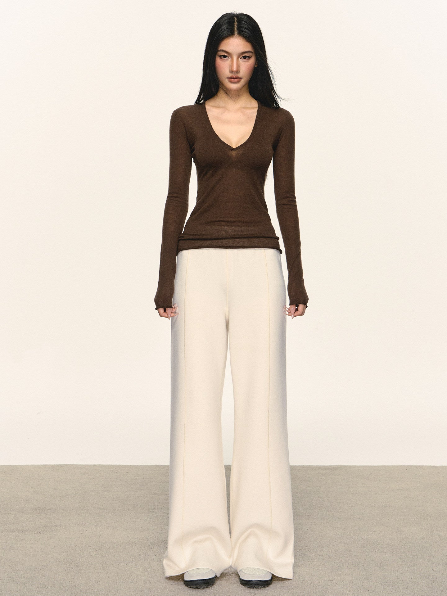 Brown V-Neck Long-Sleeve Top