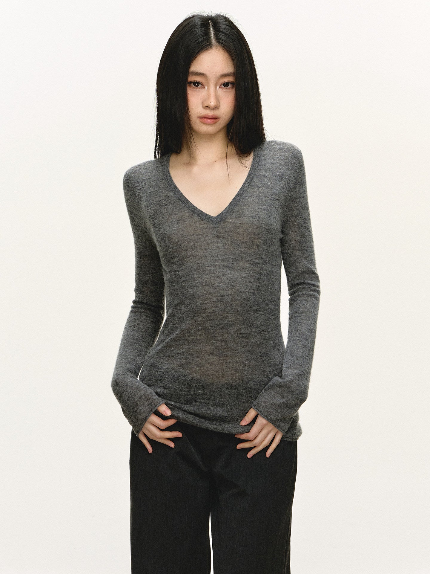 Gray V-neck Alpaca Wool Top