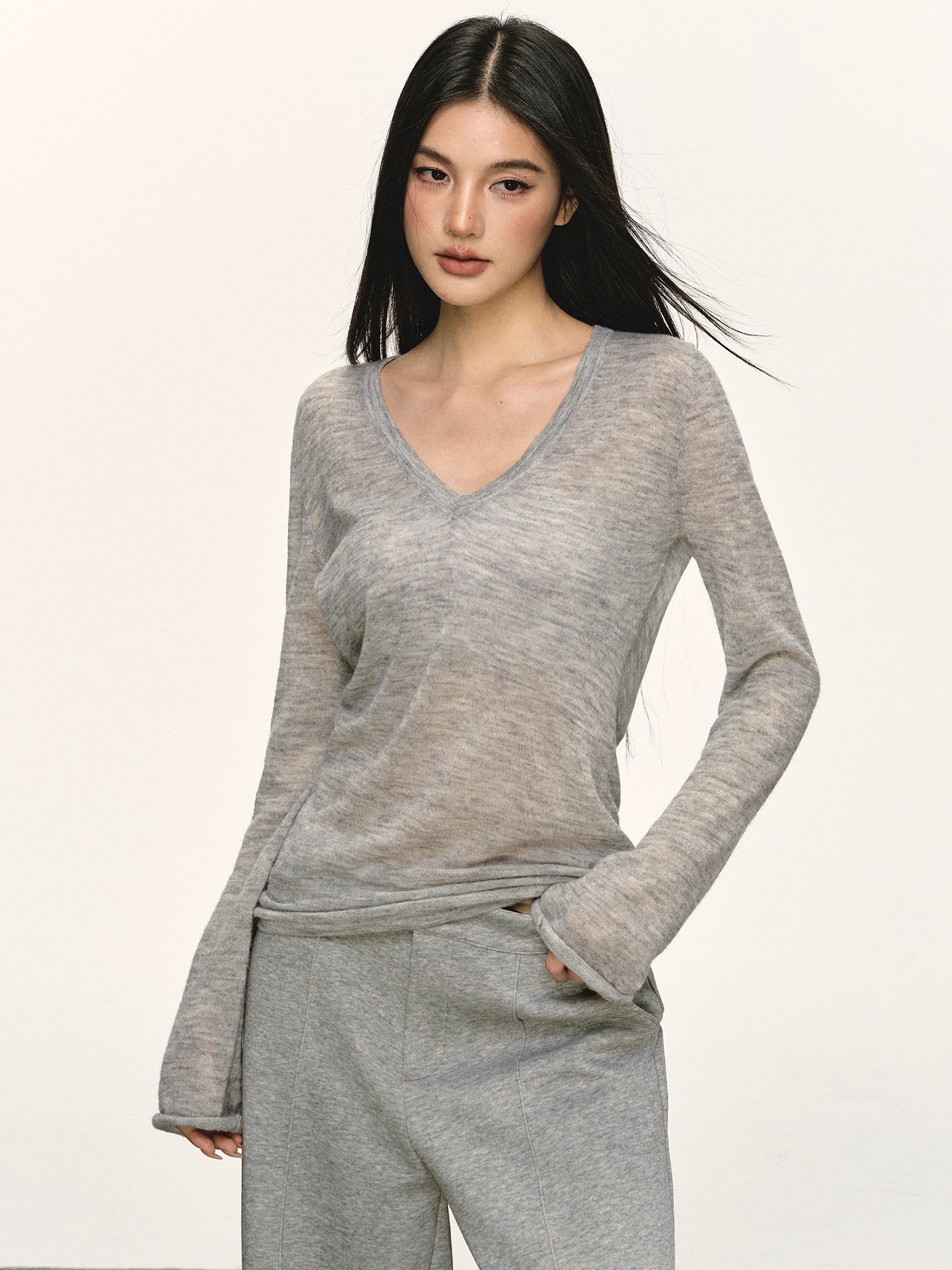 Gray V-neck Alpaca Wool Top