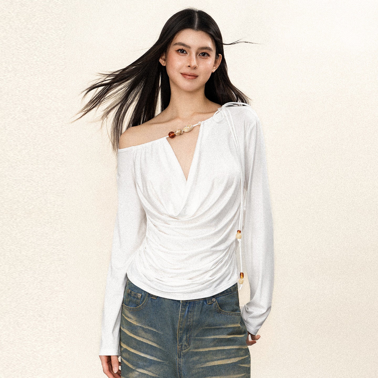 Sexy Cross Tie Beaded Long Sleeve Top Women Edgy Style