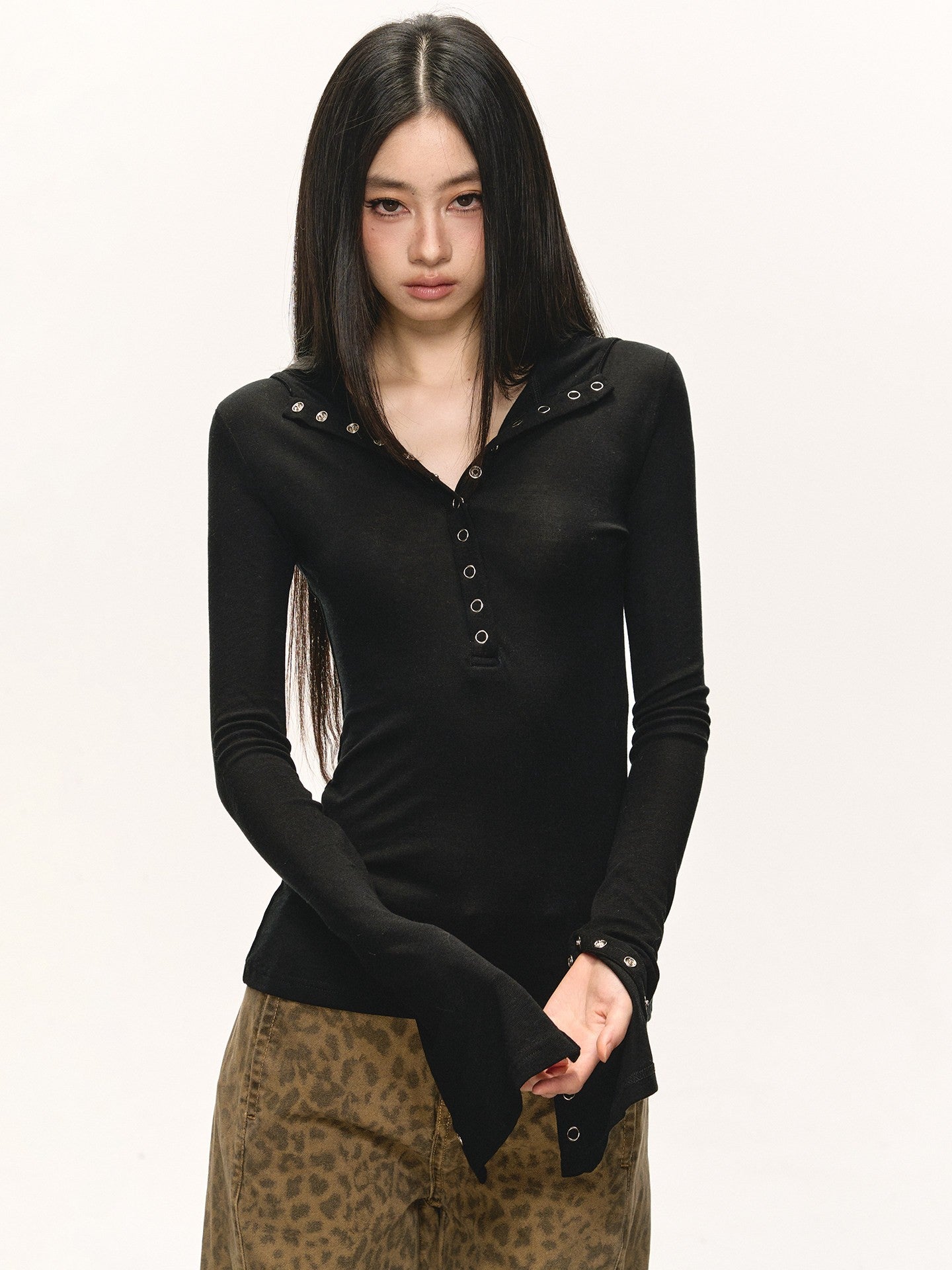 Black Tencel Wool Hooded Top