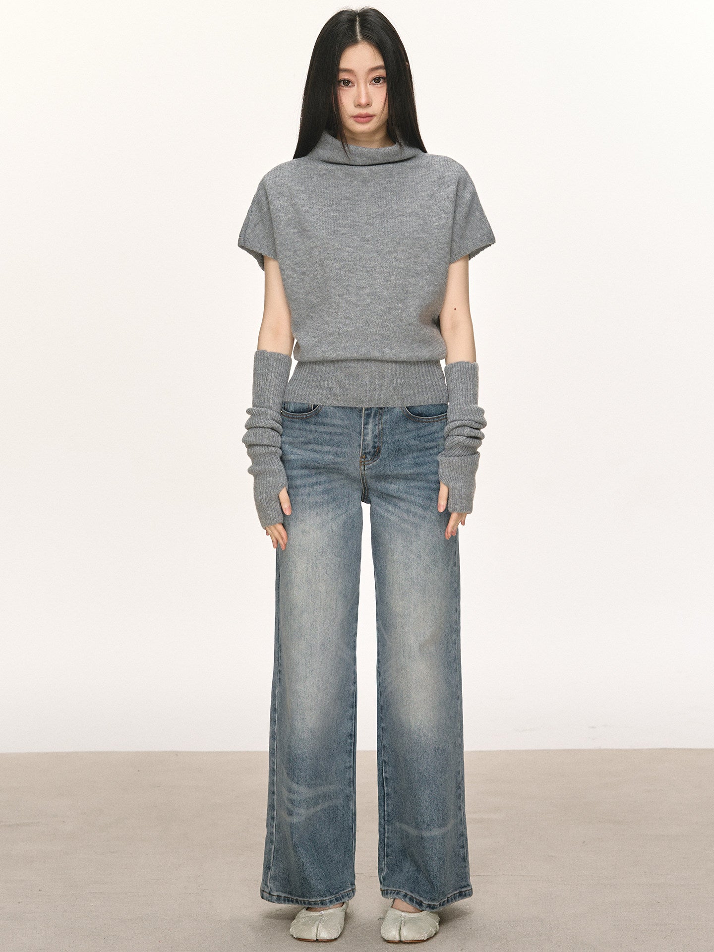 Mid-High Neck Layered Sleeve Knit Top