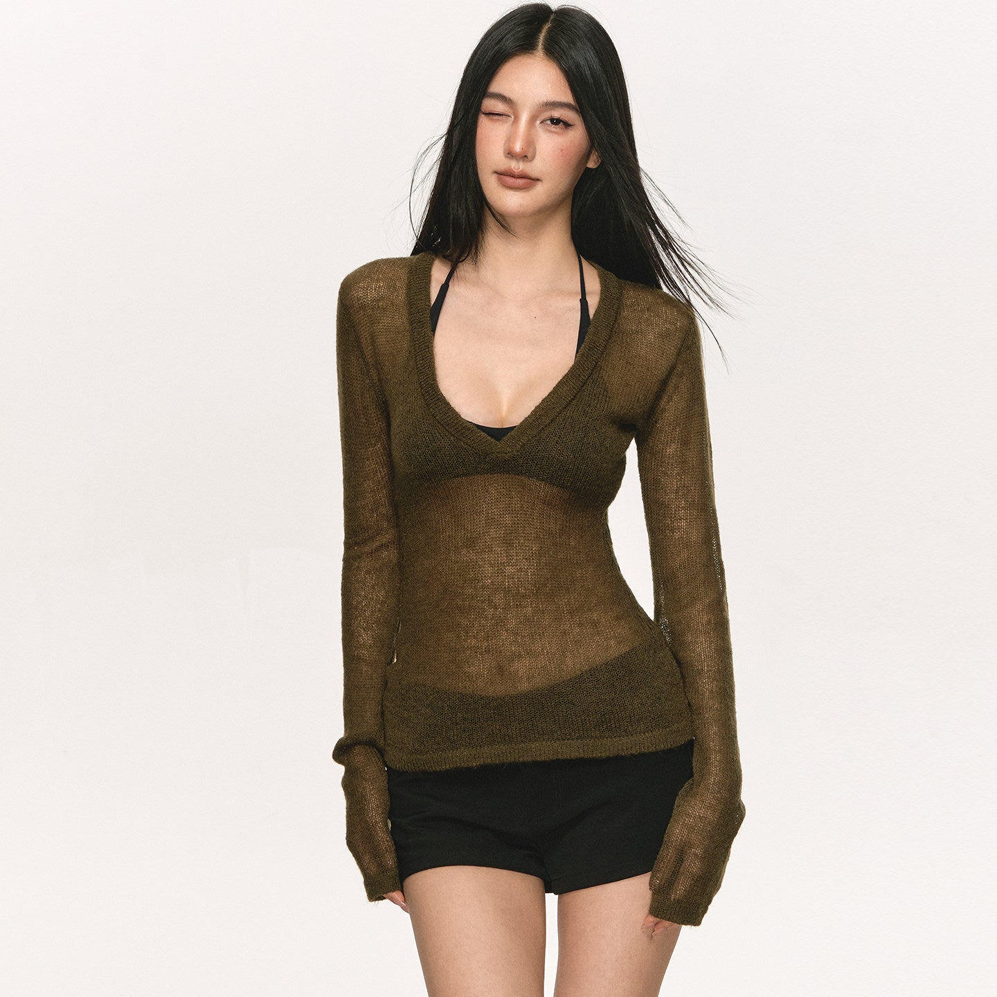 VEYBE deep V-neck knit long-sleeve cover-up top for women, summer thin slightly sheer waist-cinching slimming sun-protective top