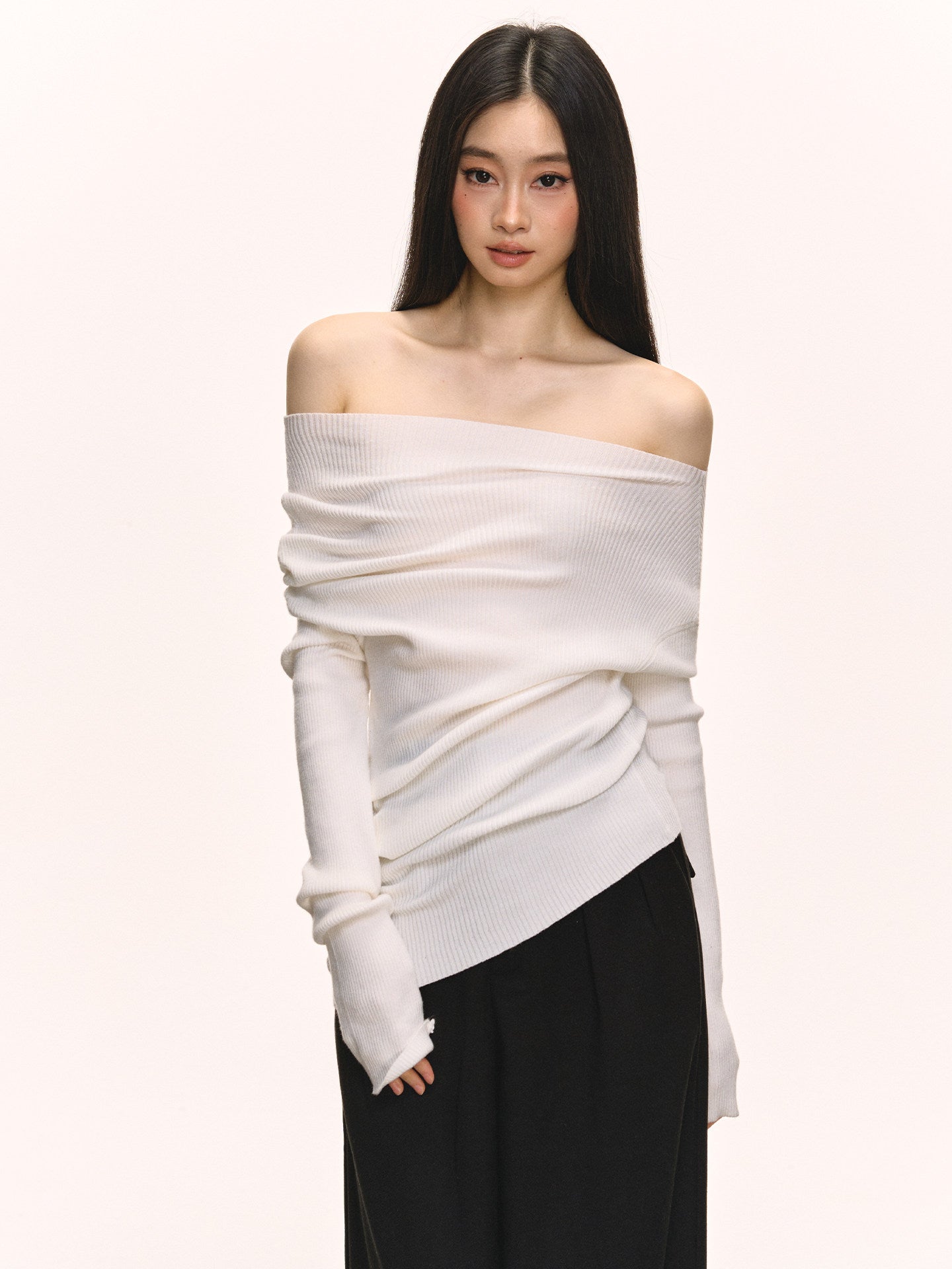 Dark Gray One-Shoulder Turtleneck Sweater