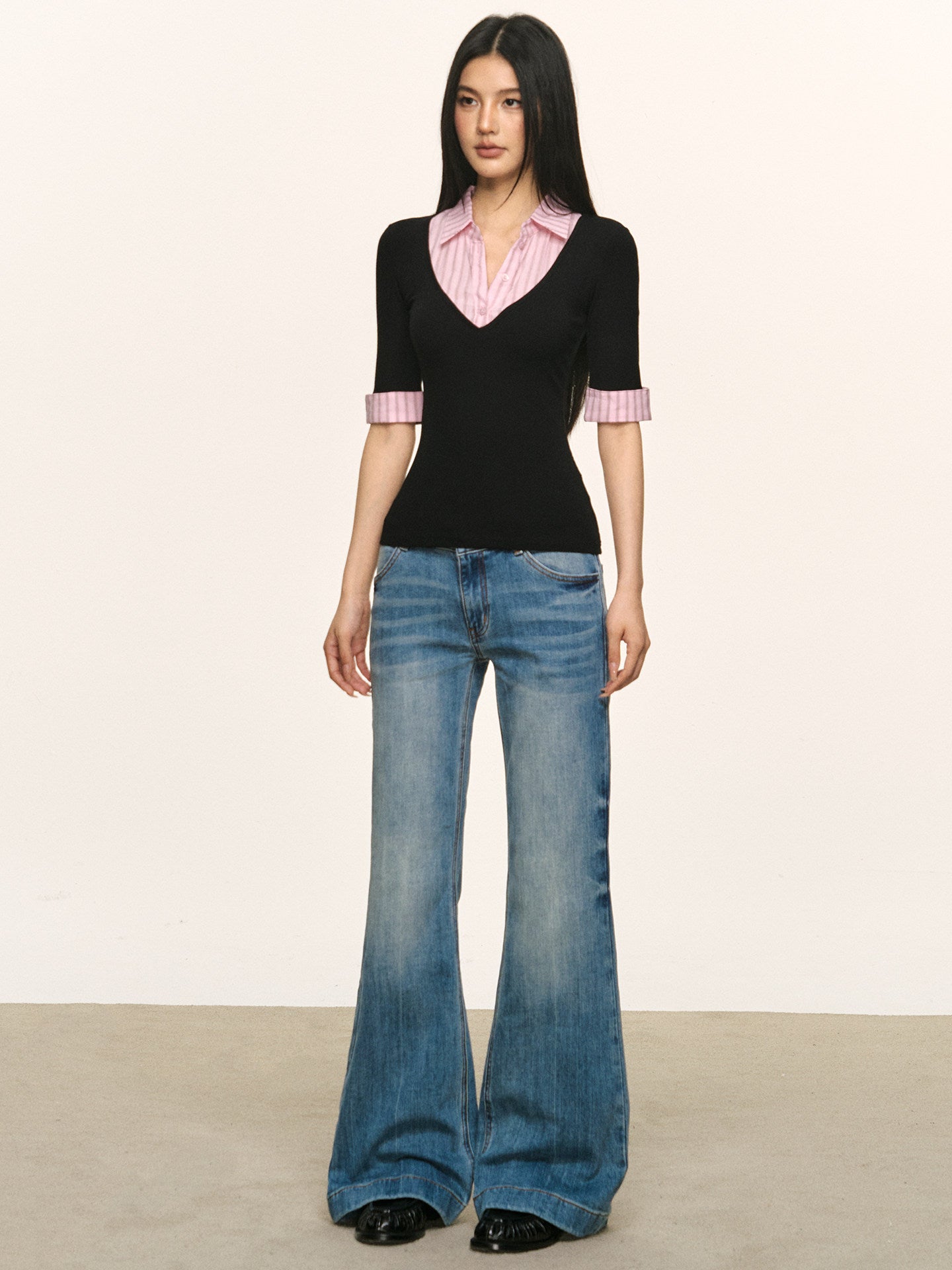 VEYBE faux two-piece mid-sleeve top for women, autumn pink patchwork plaid polo collar fitted inner layer