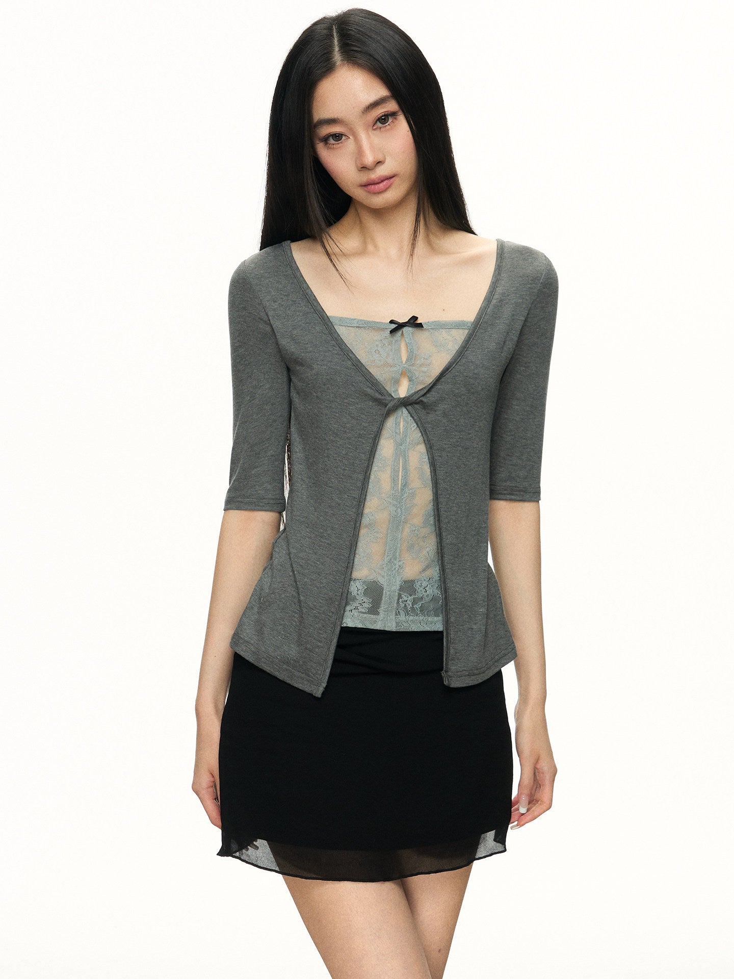 Lace Patchwork Faux Two-Piece Cardigan