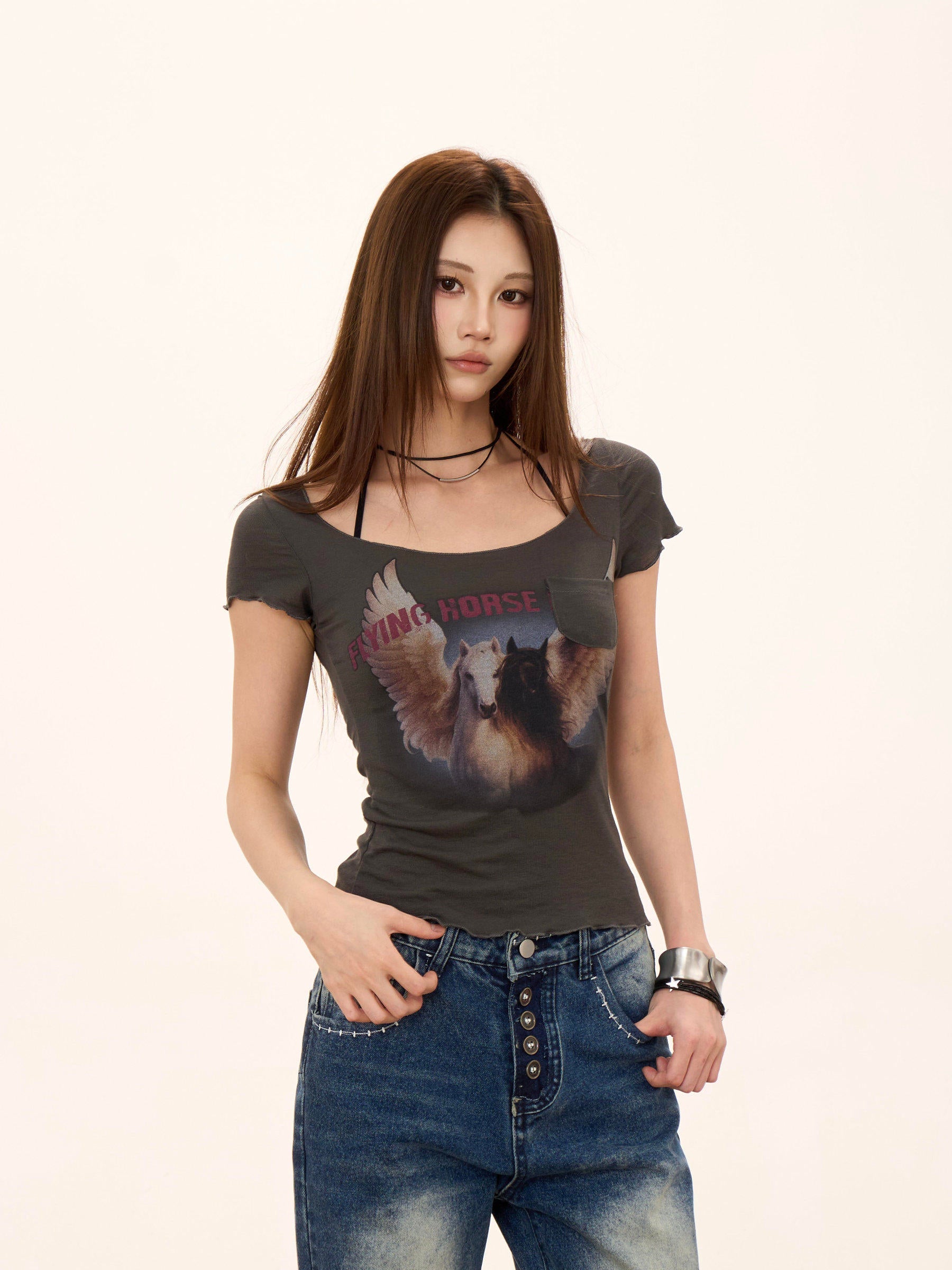 Women’s Pony Print Off-Shoulder Baby Tee