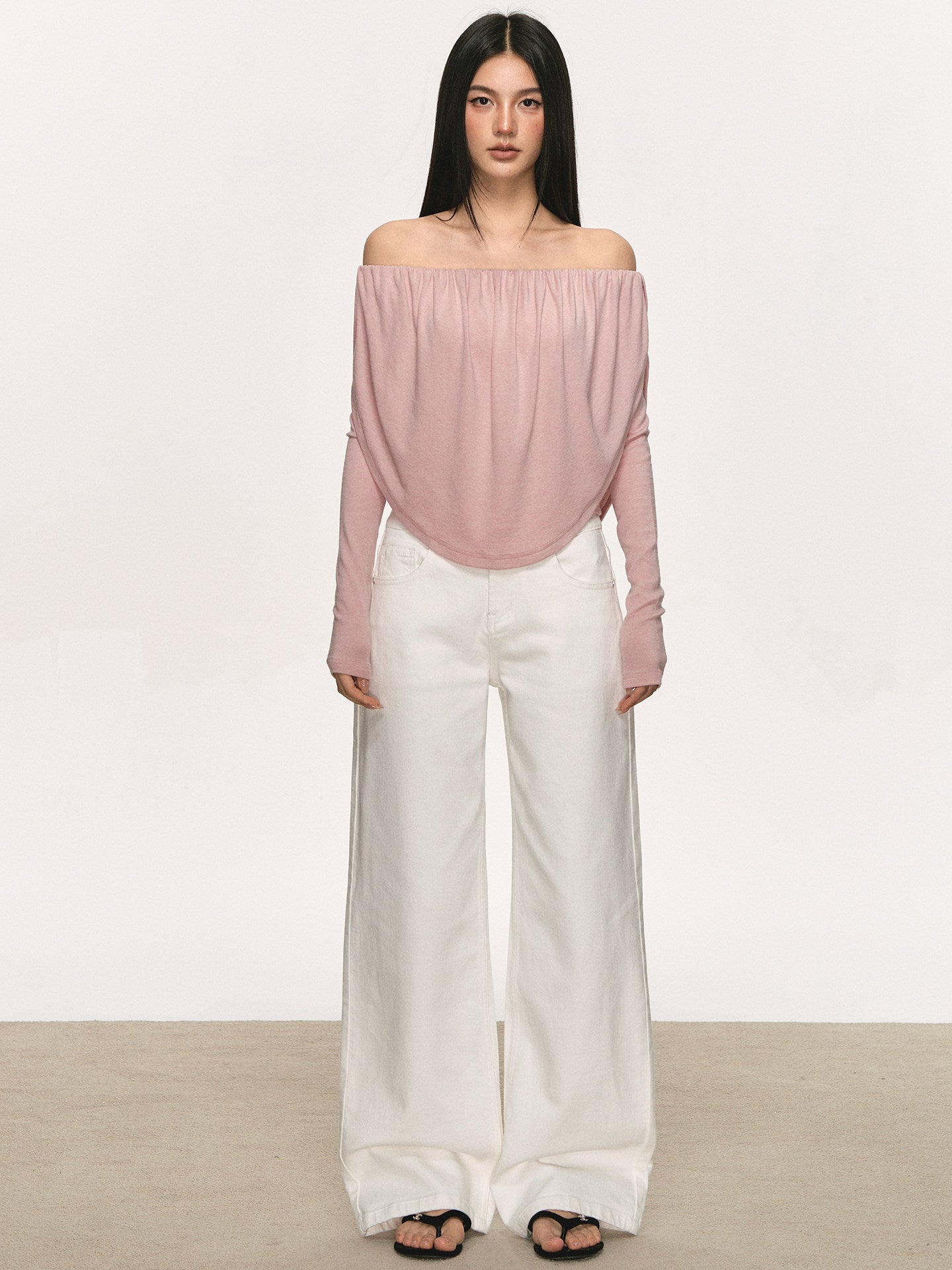 Off-Shoulder Draped Pleated Tencel-Wool Top