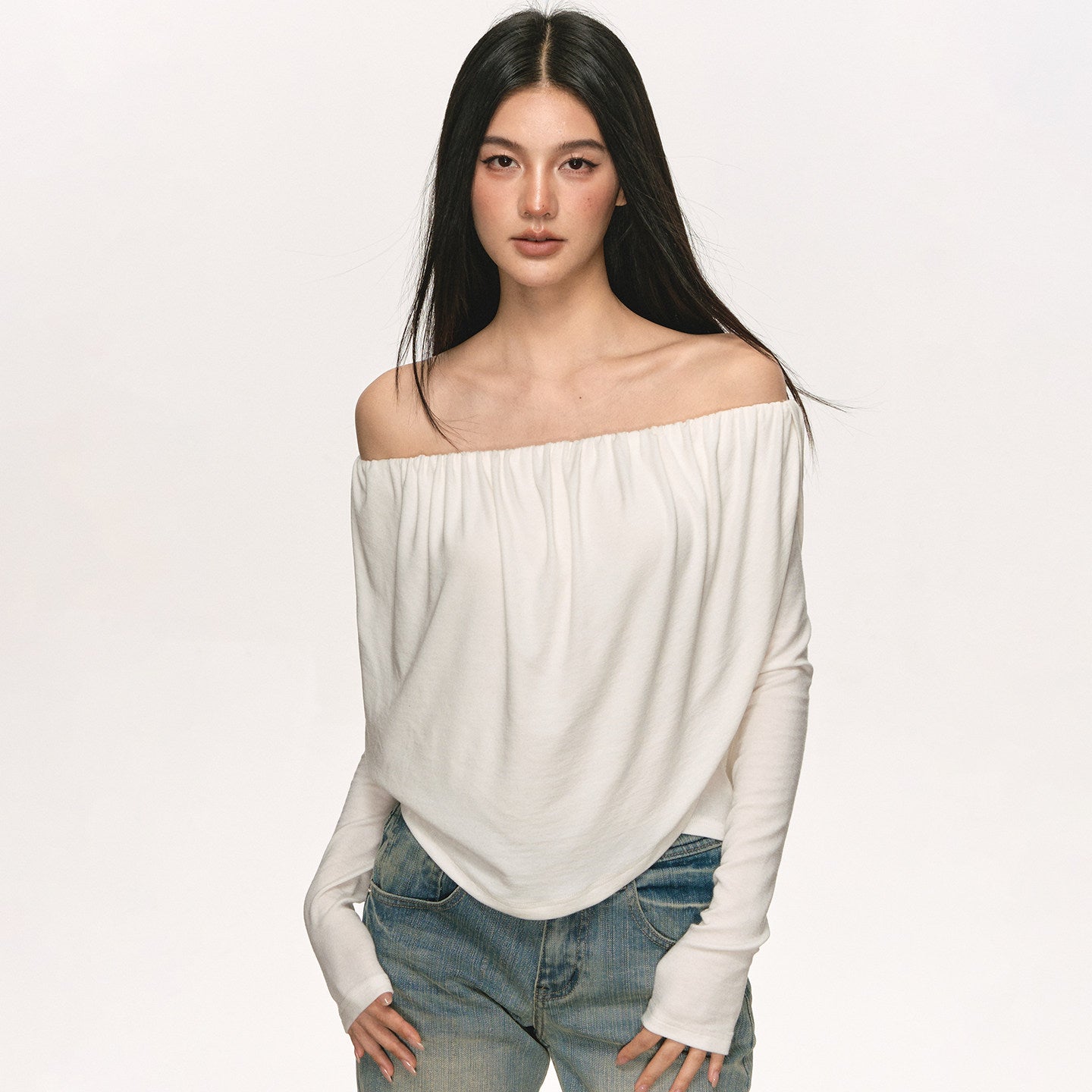 Off-Shoulder Draped Pleated Tencel-Wool Top