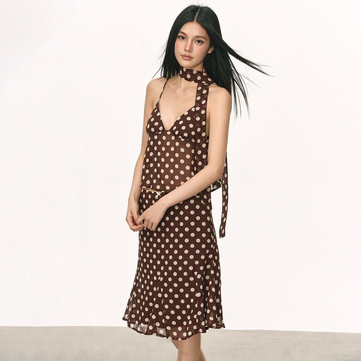 VEYBE Bow Polka Dot Camisole Women's Summer New Slim A-Line Skirt Set