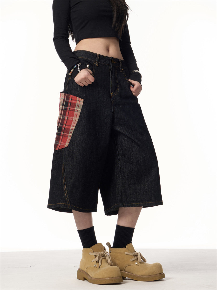Women’s Plaid Patchwork Curved Jeans