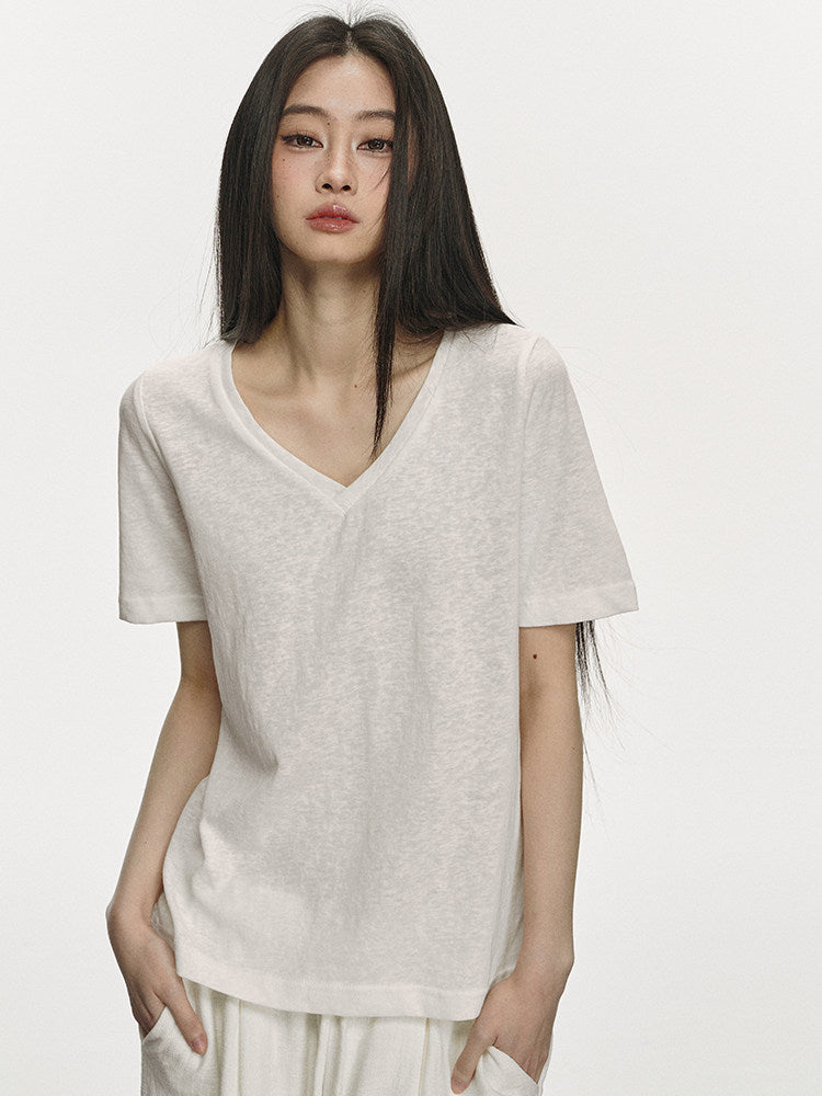 VEYBE White V-Neck Knit T-Shirt Women's Summer New Retro Temperament Short Slim Short Sleeve Top Trend