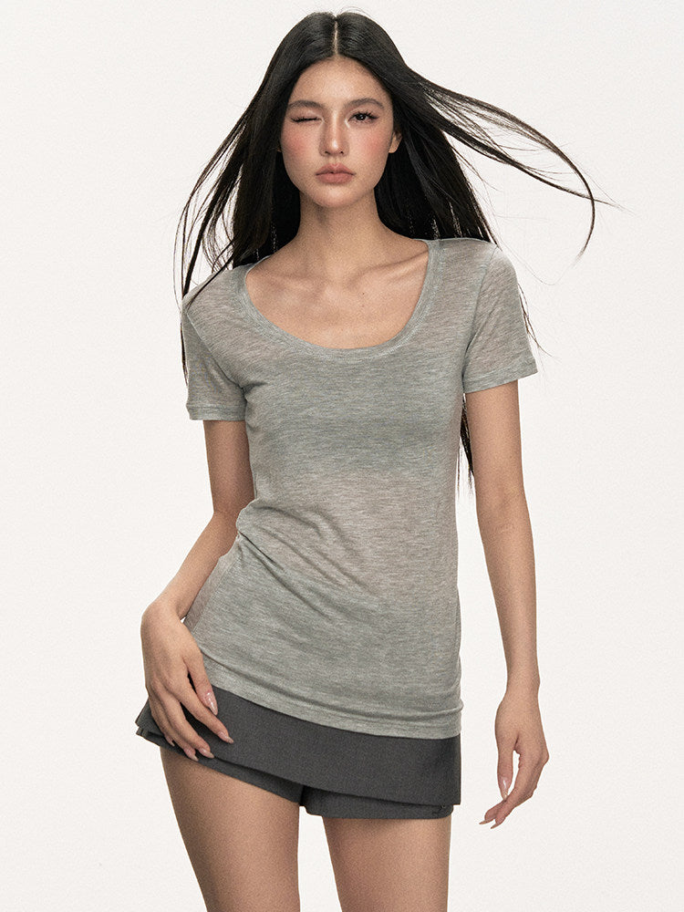VEYBE scoop neck tencel sheer short sleeve t-shirt women's summer casual lazy and versatile knit top