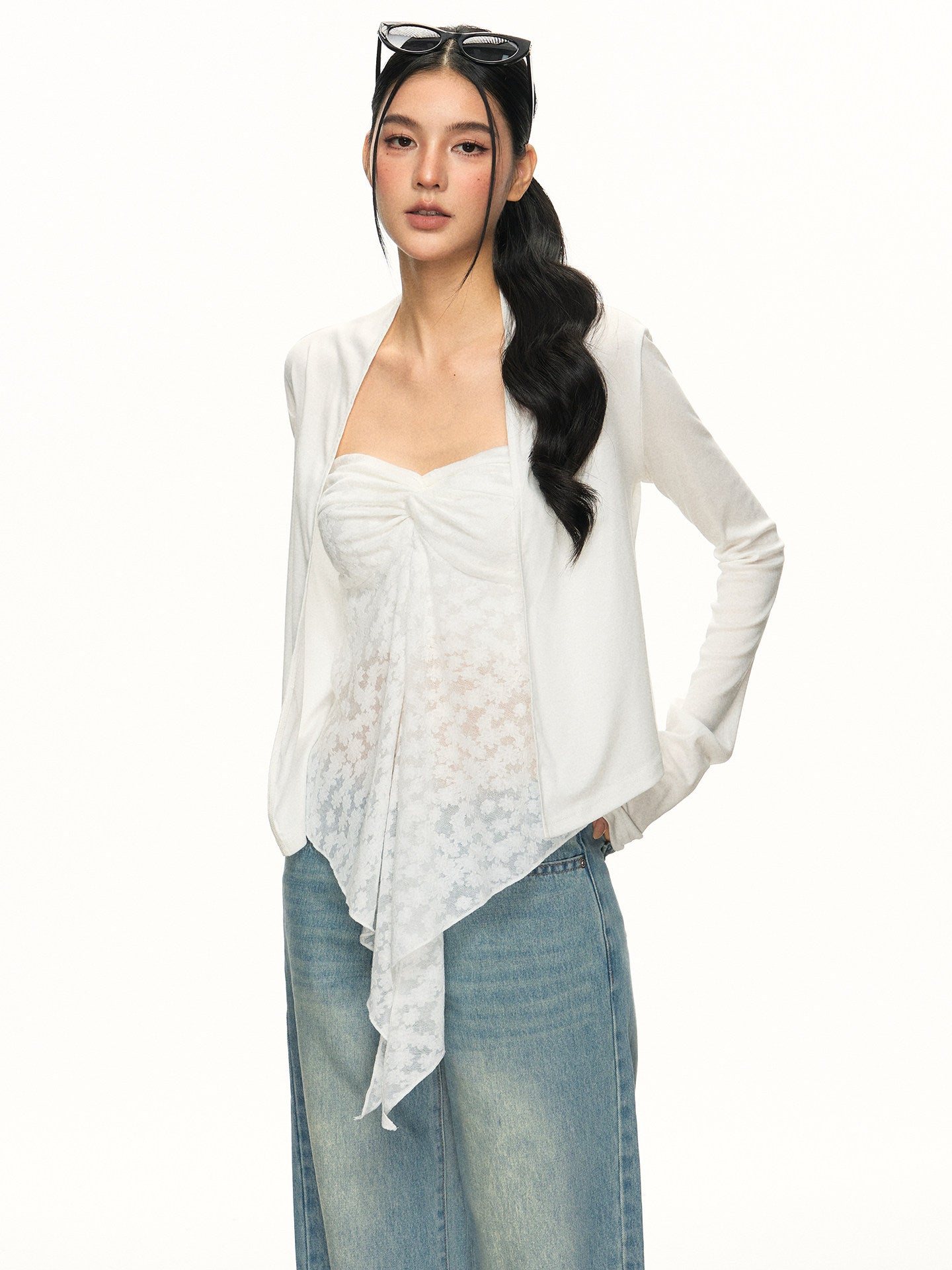 Anna Aneae Tencel Floral Twisted Strapless Cardigan Two-Piece Set, Women's Summer Pure Desire Irregular Hem Set