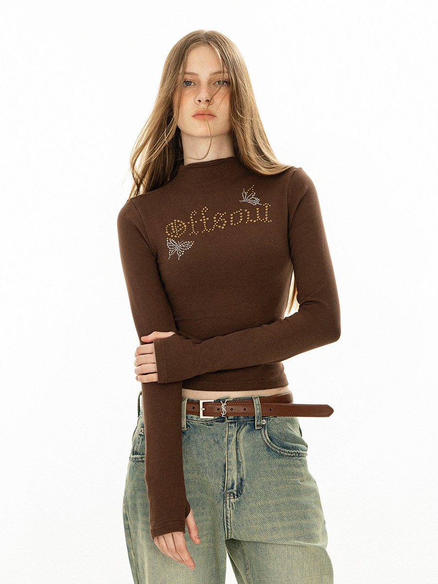 VEYBE Original American Retro Hot Diamond Willow Ding Gothic Alphabet Butterfly Long Sleeve T-Shirt Autumn and Winter Hot Girl Top Female