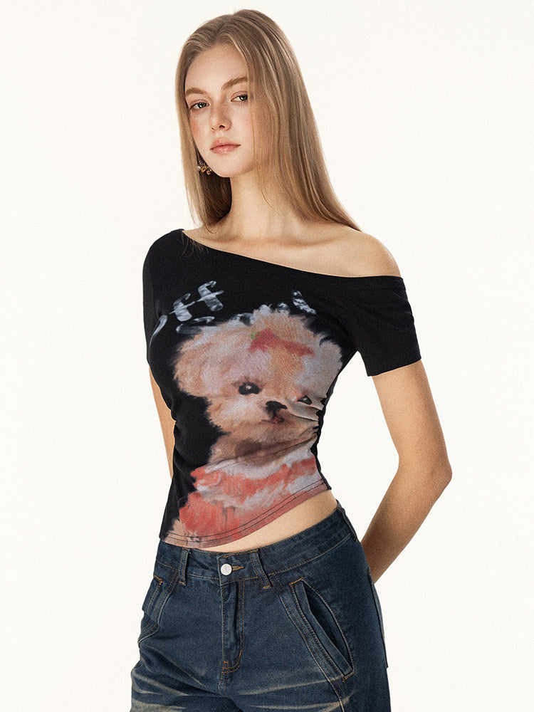 VEYBE American Babes Hand-Painted Cartoon Childlike Puppy Print Slanted Shoulder Short Sleeve T Female Summer Waist Top Tide