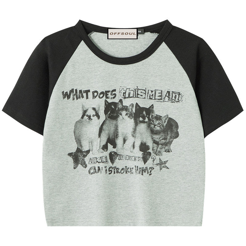 VEYBE American Retro Cartoon Cat Spice Girl Short Color Block Short Sleeve T-Shirt Women's Spring Summer 2024 Shoulder Top