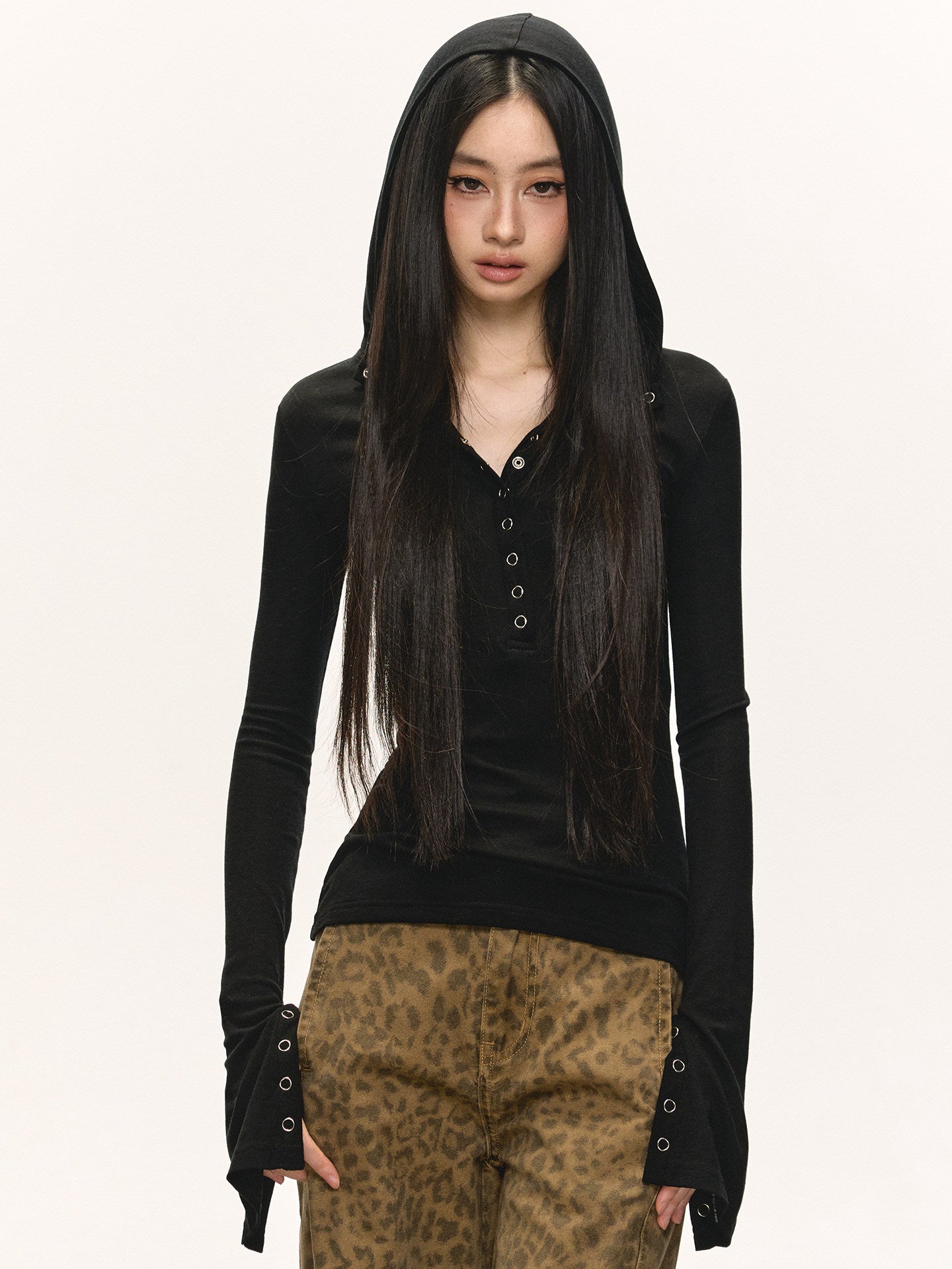 Black Tencel Wool Hooded Top