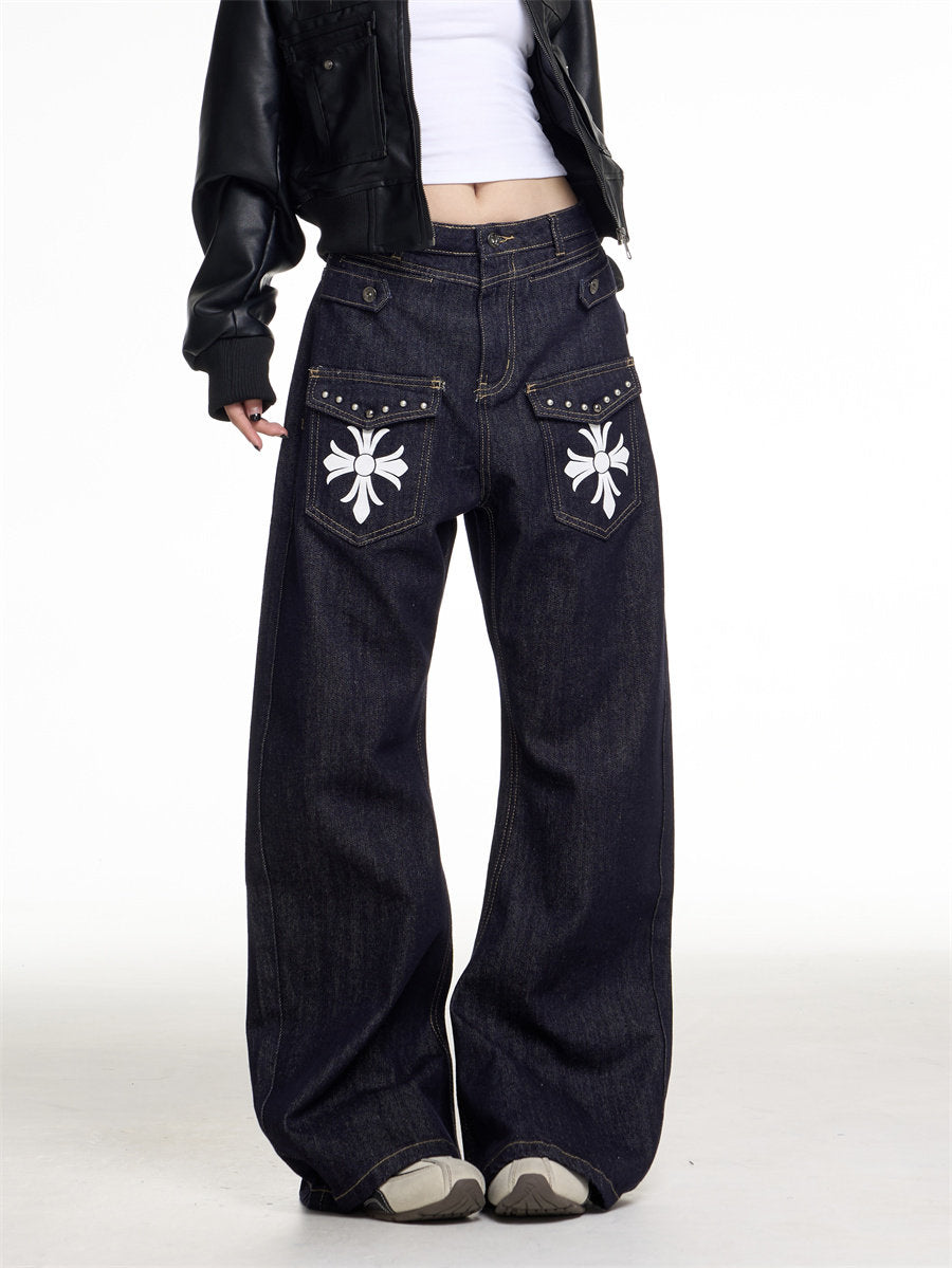 Women’s Cross Print Curved Wide-Leg Jeans