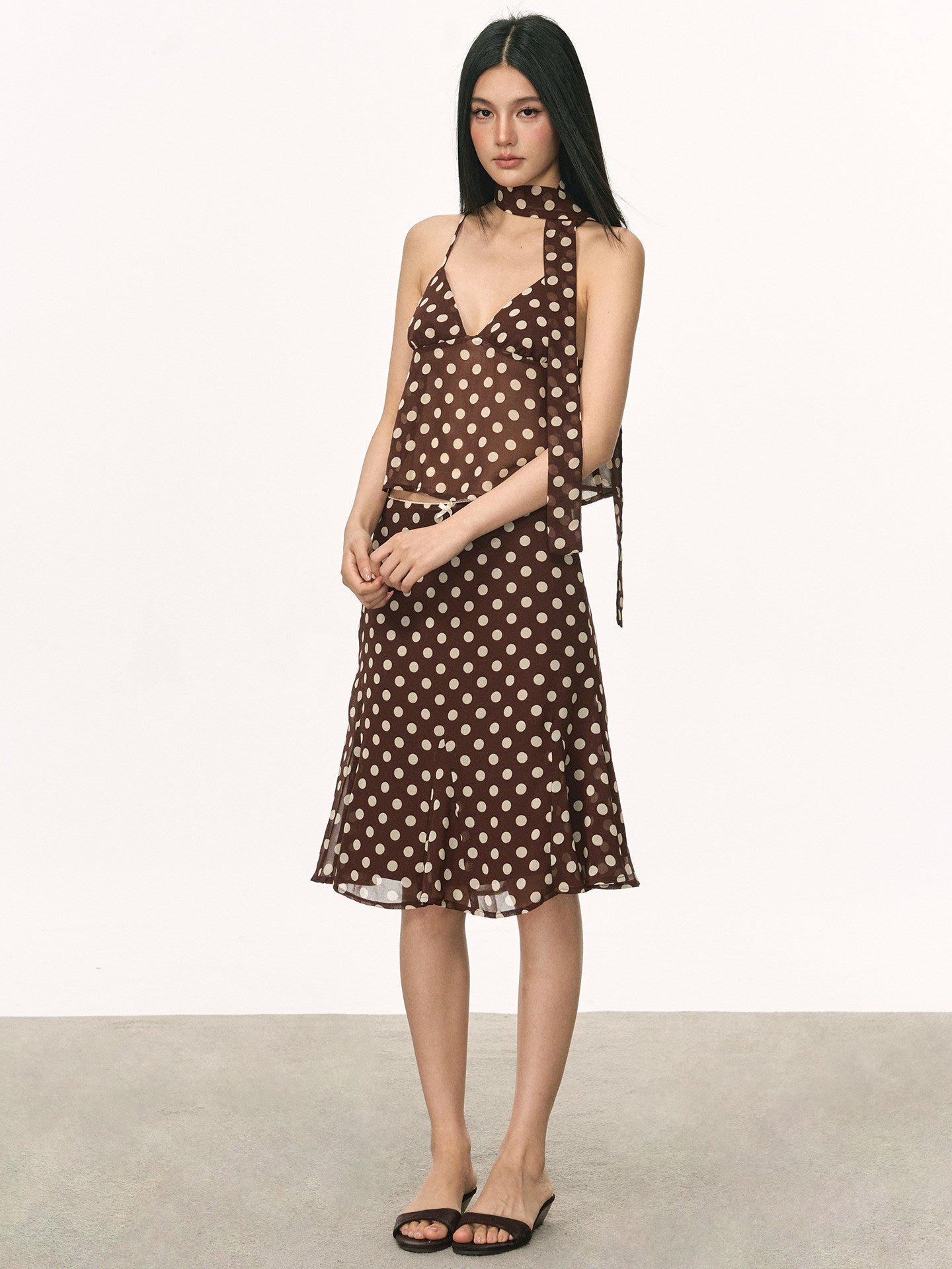 VEYBE Bow Polka Dot Camisole Women's Summer New Slim A-Line Skirt Set