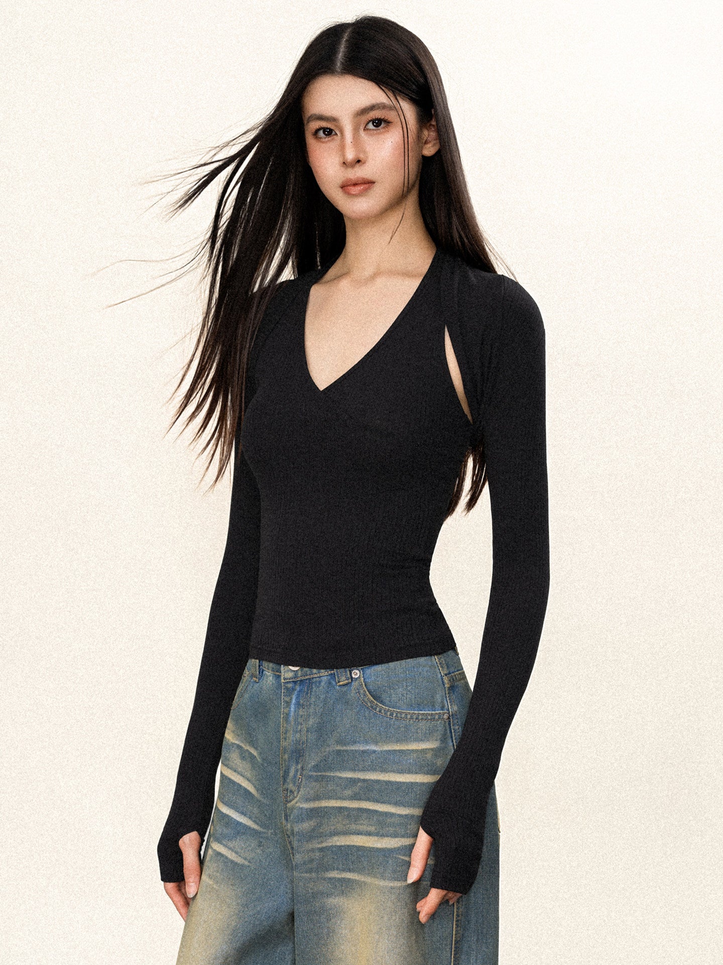 VEYBE American Spice Girl Two-Piece Slim Halterneck Top Women's V-Neck Sexy Sports Yoga Long Sleeve T-Shirt ins