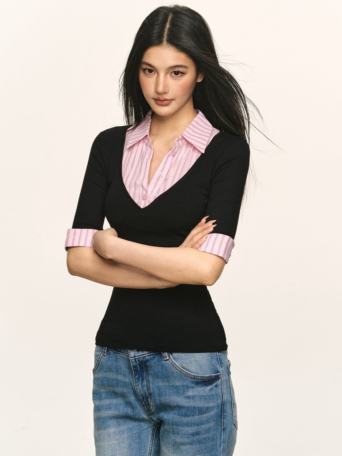 VEYBE faux two-piece mid-sleeve top for women, autumn pink patchwork plaid polo collar fitted inner layer