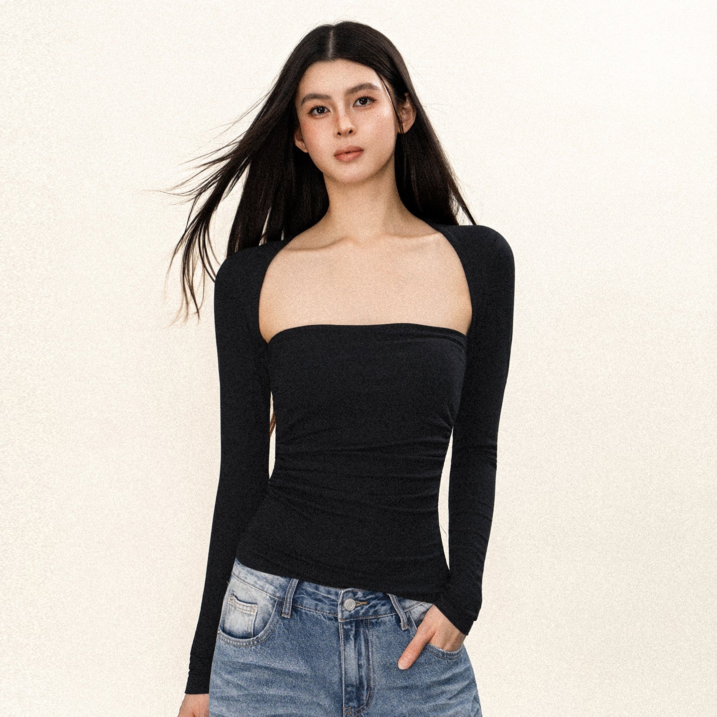 VEYBE original American hot girl square neck base shirt European and American sports yoga slim long sleeve top T-shirt women's trend