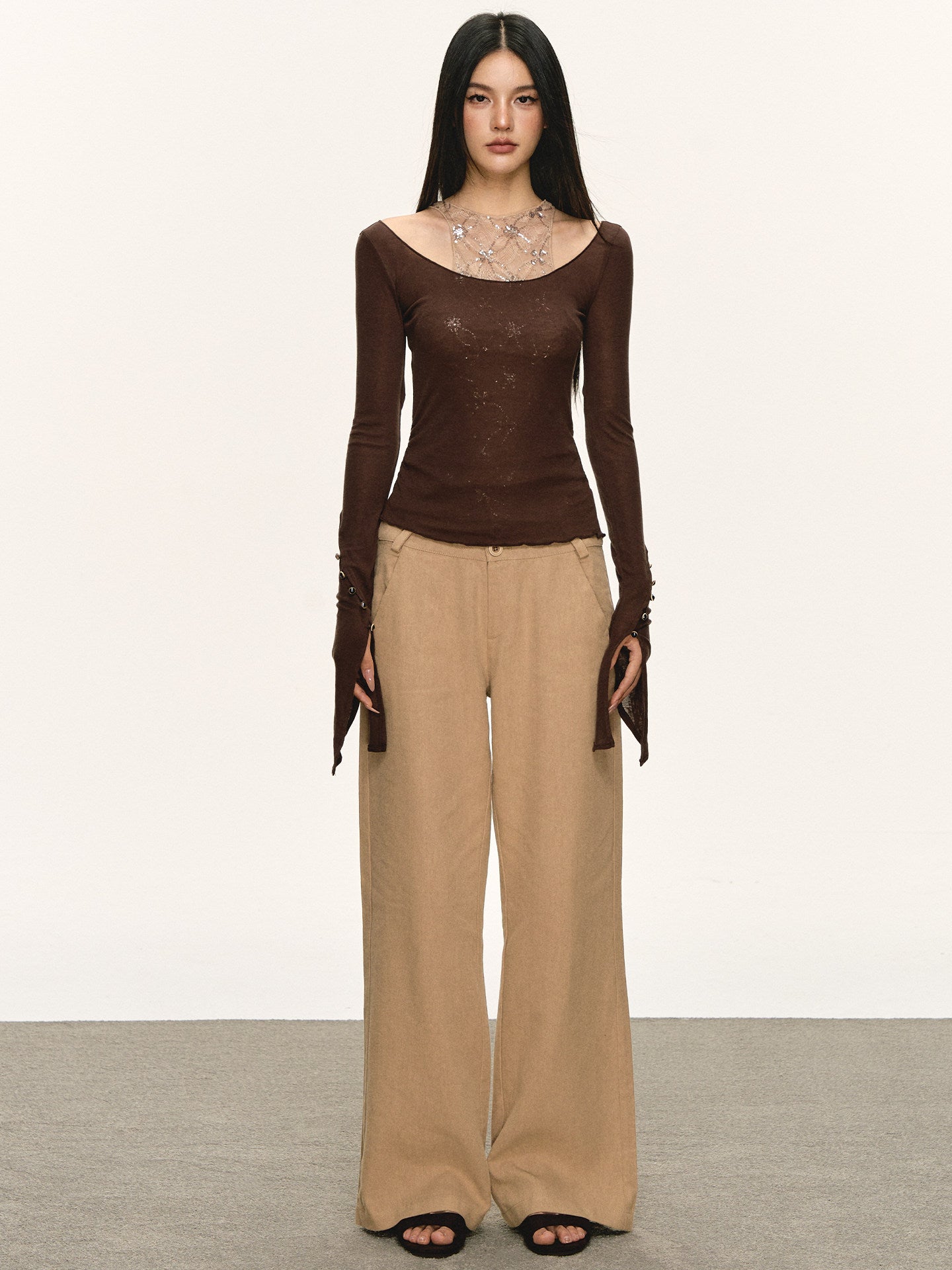 Brown Lace Tencel Wool Top