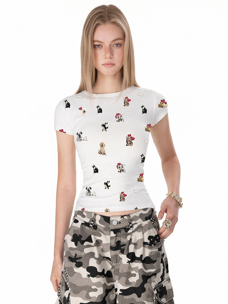 VEYBE Original American Hottie Round Neck Cat & Dog Print Short Sleeve T-Shirt Summer Cartoon Childlike Slim Top Girl