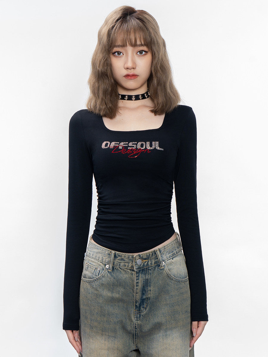 VEYBE homemade European and American hot girl LOGO stacked hot diamond square neck long-sleeved T-shirt autumn and winter new sweet and cool base top